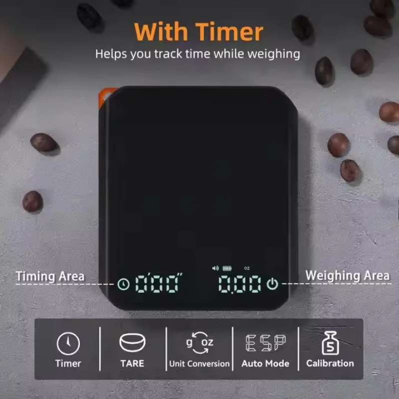 Kitchen Timer Digital - เครื่องชั่งกาแฟคิทเช่นมินิพร้อมตัวจับเวลา 2 กก./0.1 ก. เครื่องชั่งที่แม่นยำ เครื่องชั่งดิจิตอลแบบชาร์จไฟได้สำหรับกาแฟเอสเปรสโซและกาแฟแบบดริป